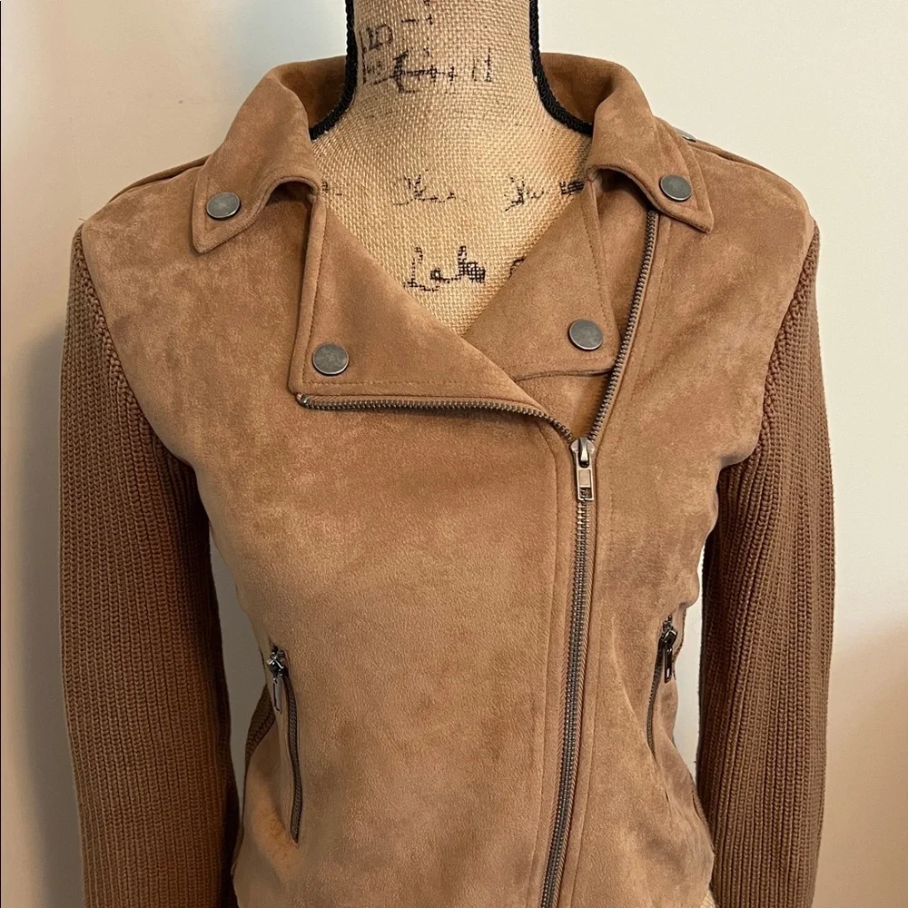 VICI Camel Fall Neutral Moto Jacket Ribbed Knit Sleeve Detail Extra Small